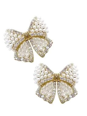 🆕️ 14K Gold Plated Bow Knot Pearl & Rhinestone Stud Earrings NWOT